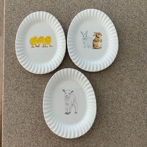 SET OF 3 WHITE , CHINA OVAL PLATES: LAMB, RABBITS AND CHICKS